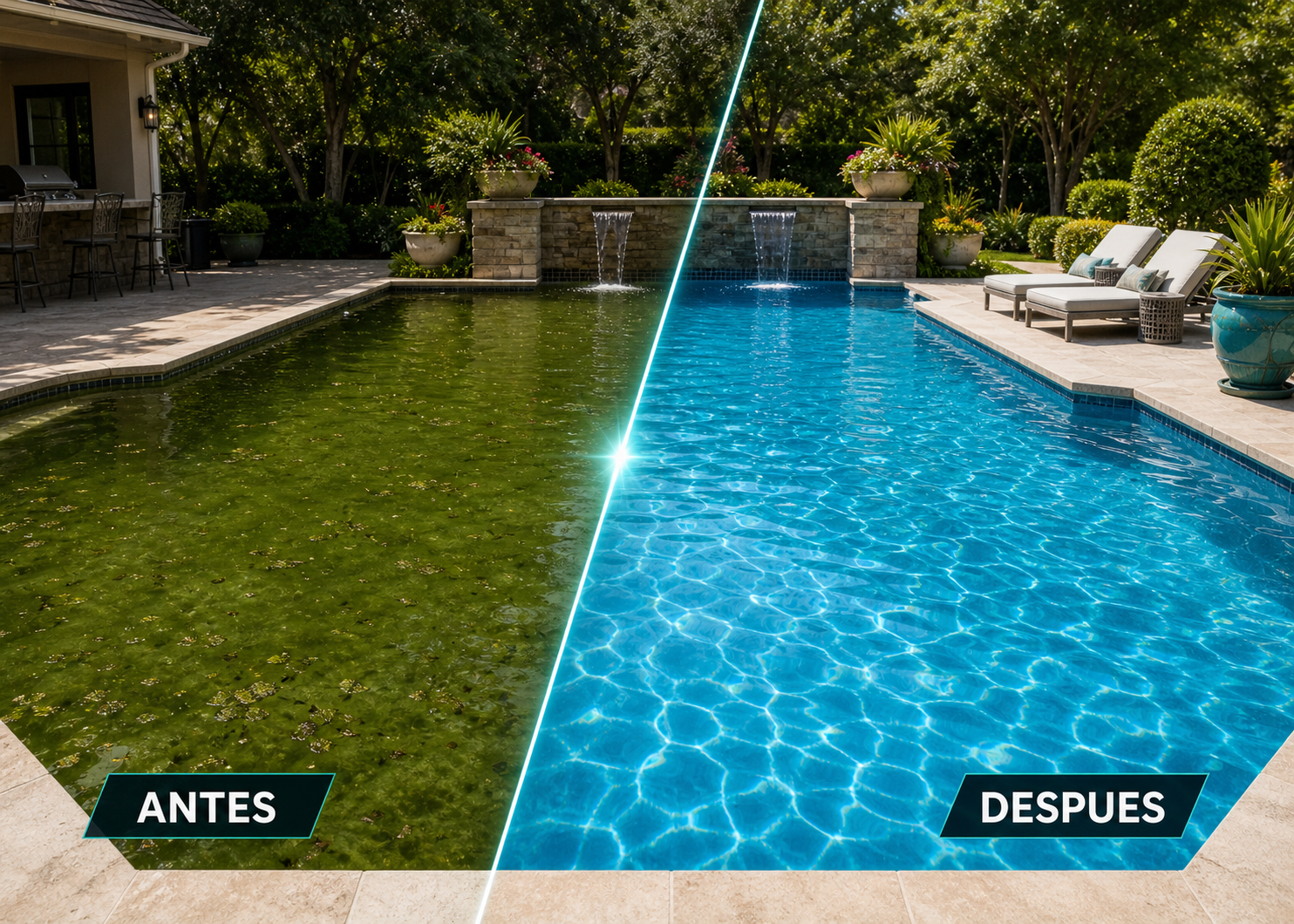 Piscina transformada de verde a cristalina